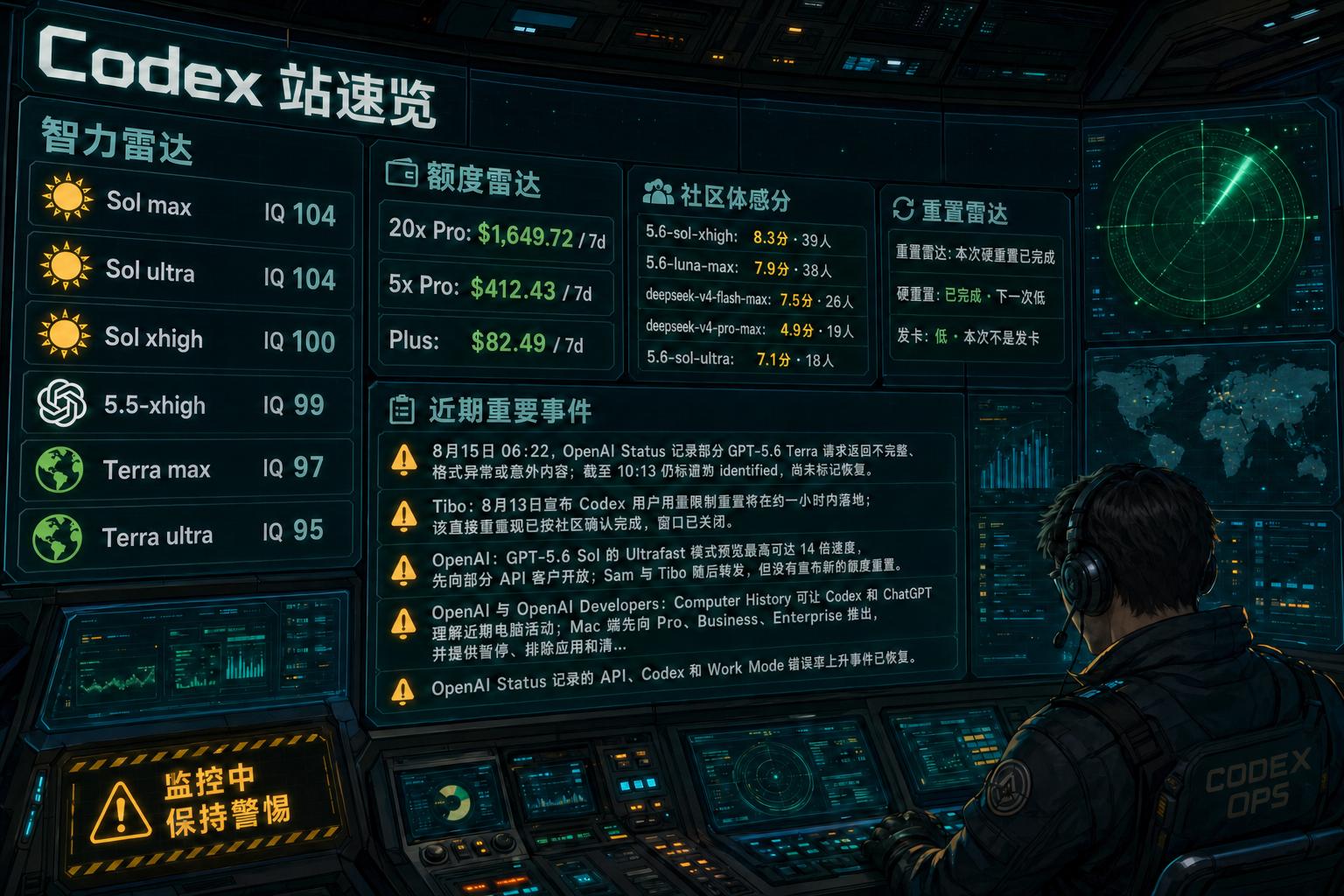 Codex 站速览：智力雷达、额度雷达、社区体感分、TIBO 雷达与最近重要事件