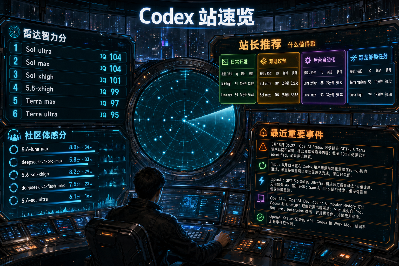 Codex 站速览：雷达智力分、站长推荐、社区体感分与最近重要事件